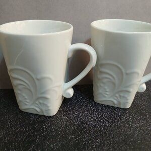 Set of 2 Corelle Corning "Cherish" Porcelain Mug White Embossed Floral Design